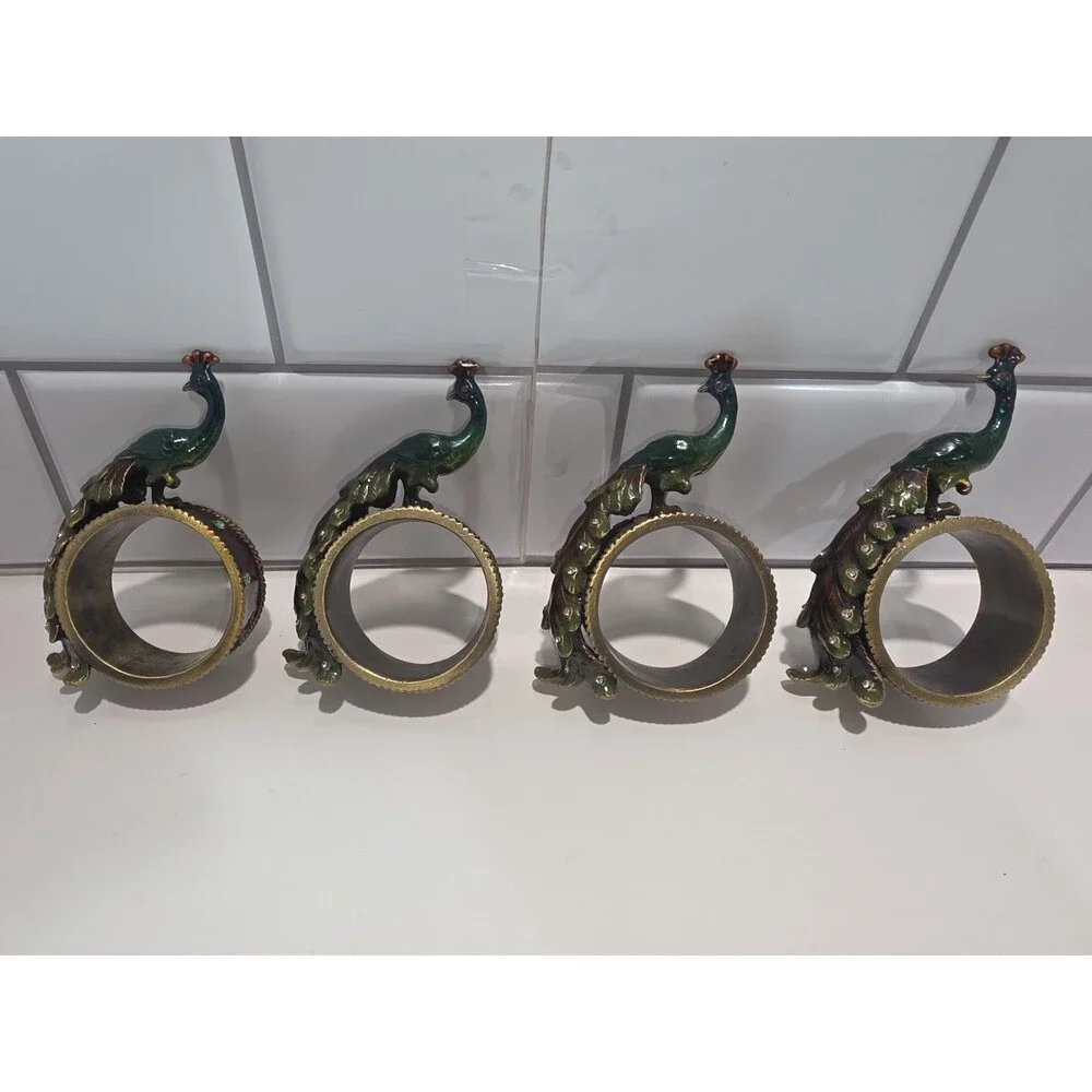 Peacock Enamel Napkin Ring Holders Brass Metal & Rhinestones set of 4